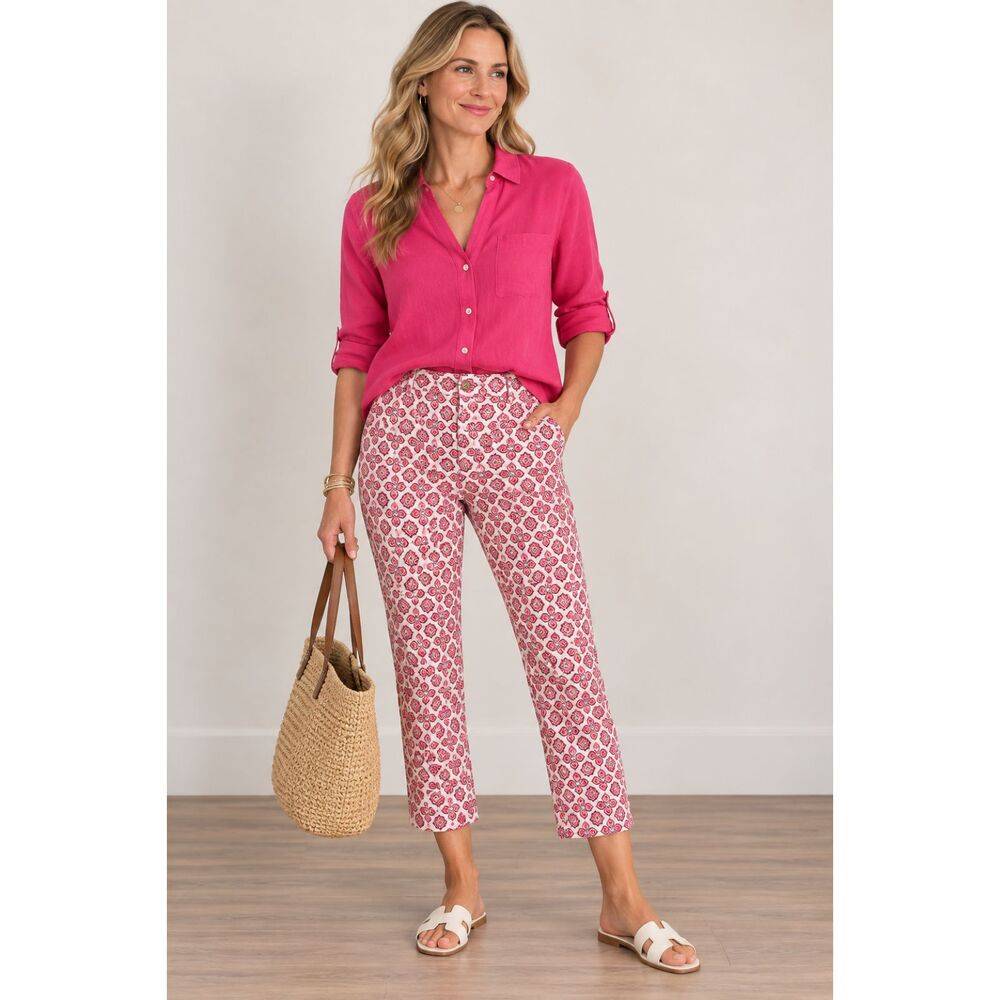 Talbots Pink & White Geometric Print Stretch Pants Size 16